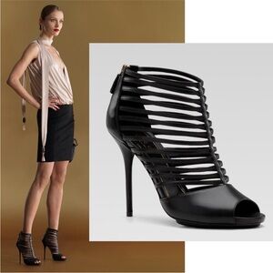GUCCI Inga Saddle Soft Peep Toe Caged High Heel Sandal Strappy Black Size 38.5 8